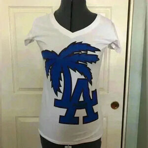 Los Angeles blue palm tree v-neck white stretch tank top XL